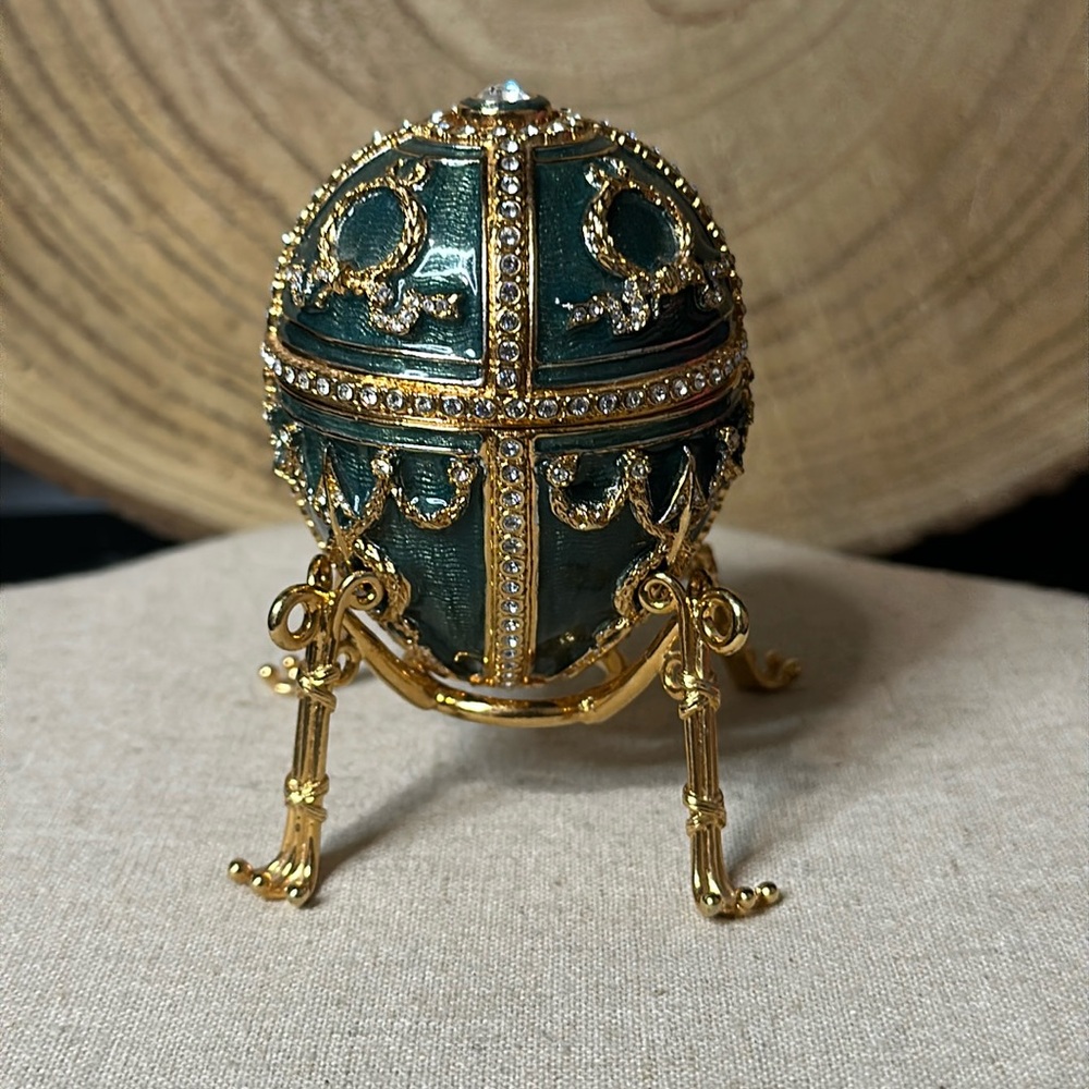 Faberge Ornate Green and Gold Decorative Egg Trinket Box with Stand